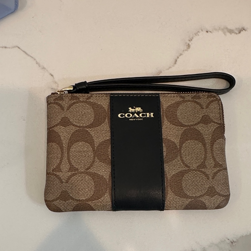 Coach Brown Signature Canvas Wristlet with Black Center Stripe